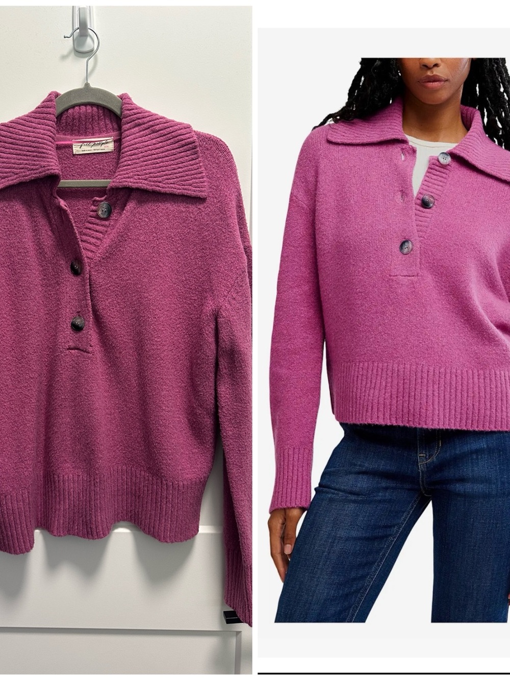 Free People Ribbed Collar Button Pullover - Rose Pink